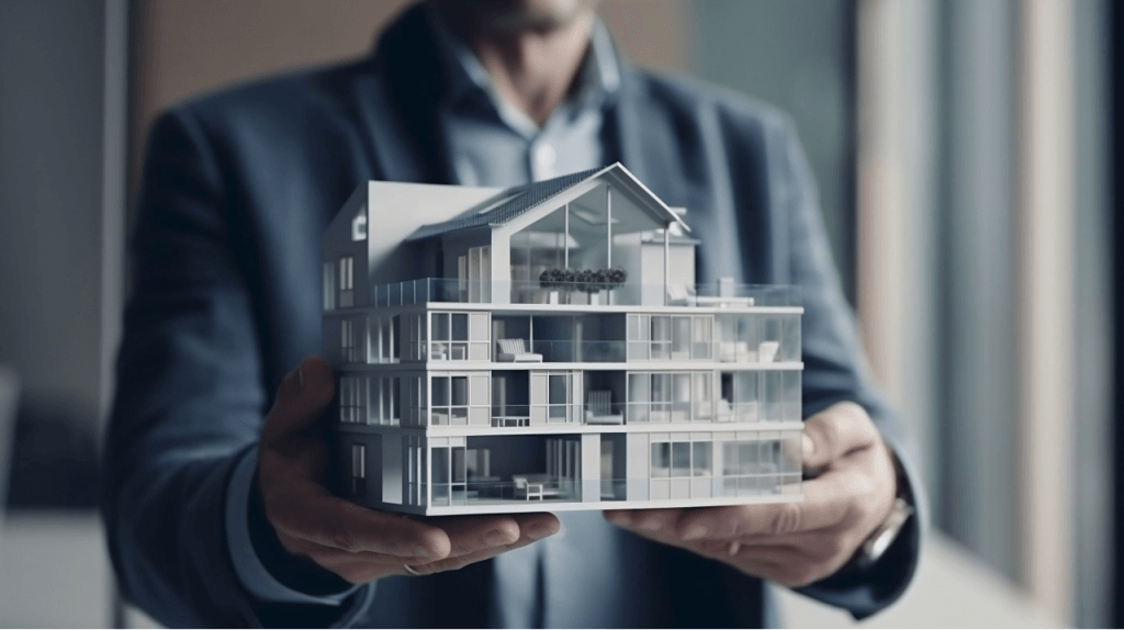 image of a man holding a model house