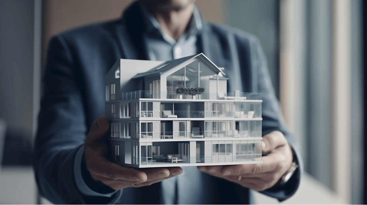 image of a man holding a model house